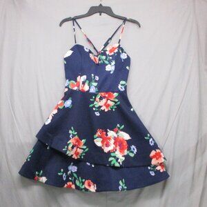 Sequin Hearts A-Line Floral Layer Dress Criss Cross Straps Blue Women Size | 13